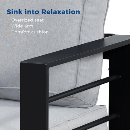 All-Weather Outdoor 3 Seats Couch, Black Metal Chair with Light Grey Cushions