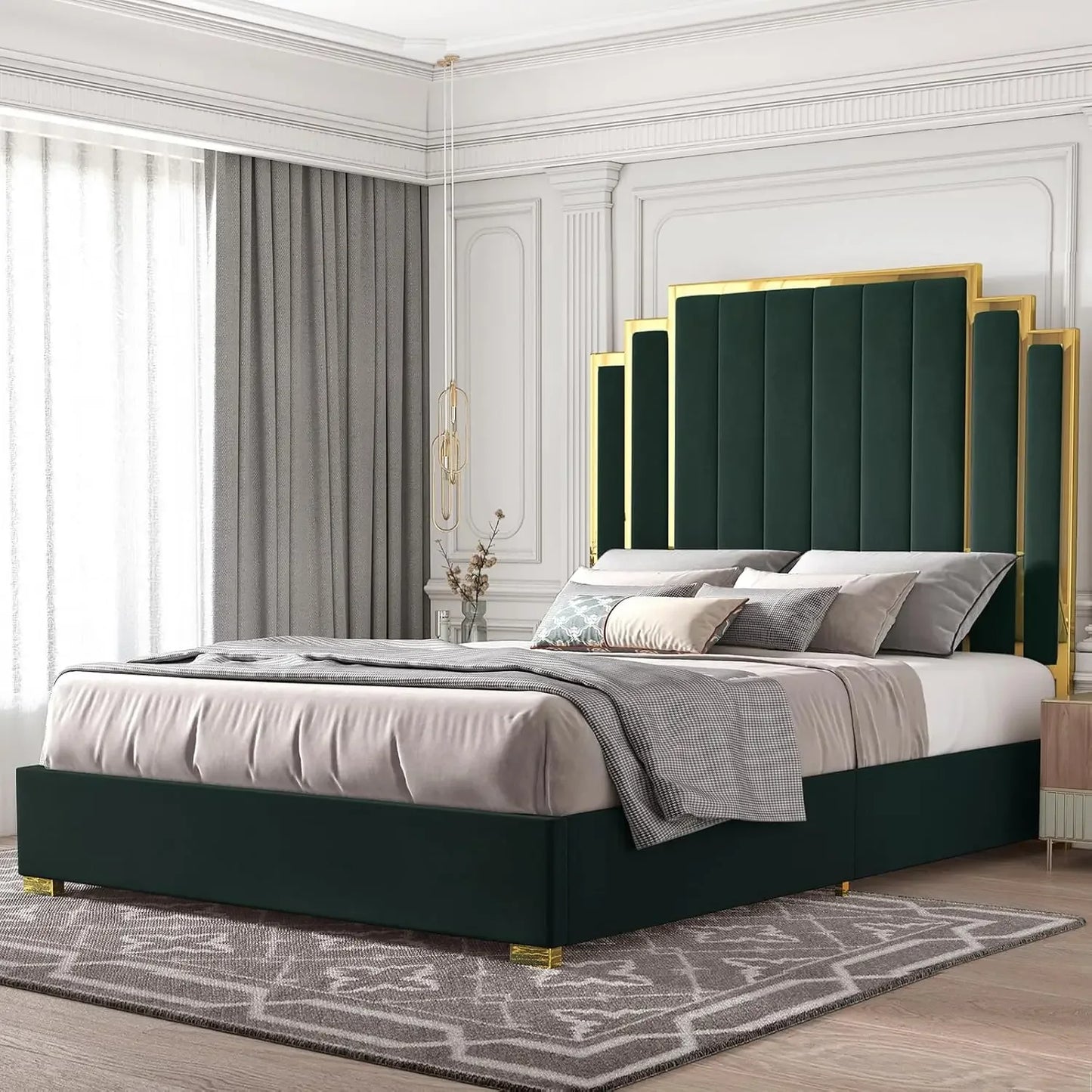 King Size Bed Frame, Upholstered  with Golden Plating Trim,