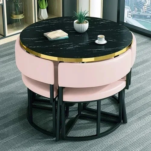 Round Luxury White Mobile Dining Table  Set with 4 Chairs