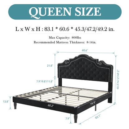 Full/Queen/King Size Velvet Bed Frame with Adjustable Tiara Headboard, Diamond Tufted Upholstered Platform Bed