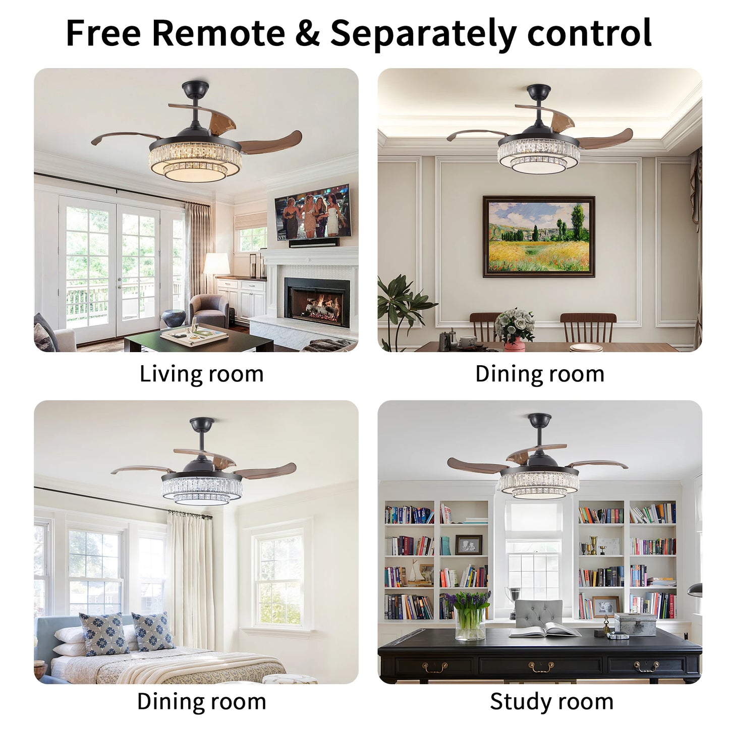 Luxurious Crystal Ceiling Fan Light,  Remote Control Folding Fan Light with Timer Function, Adjustable Color Lighting