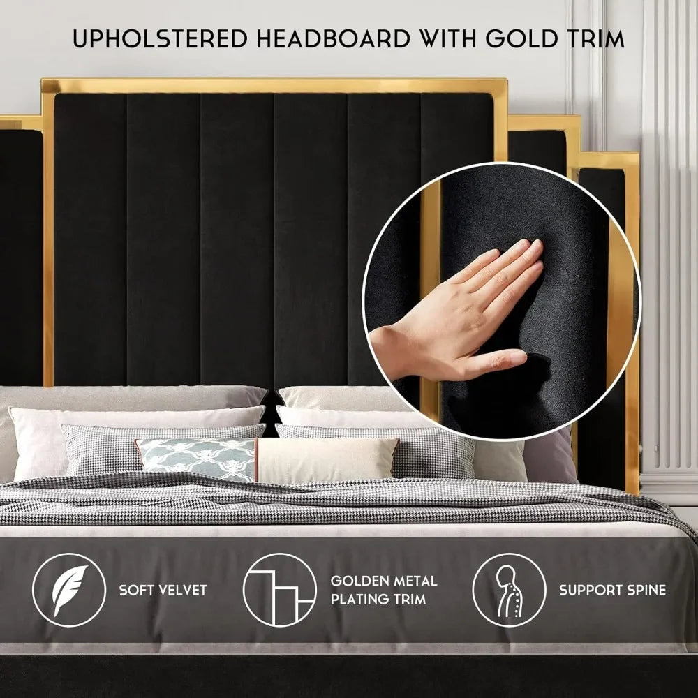 King Size Bed Frame, Upholstered  with Golden Plating Trim,