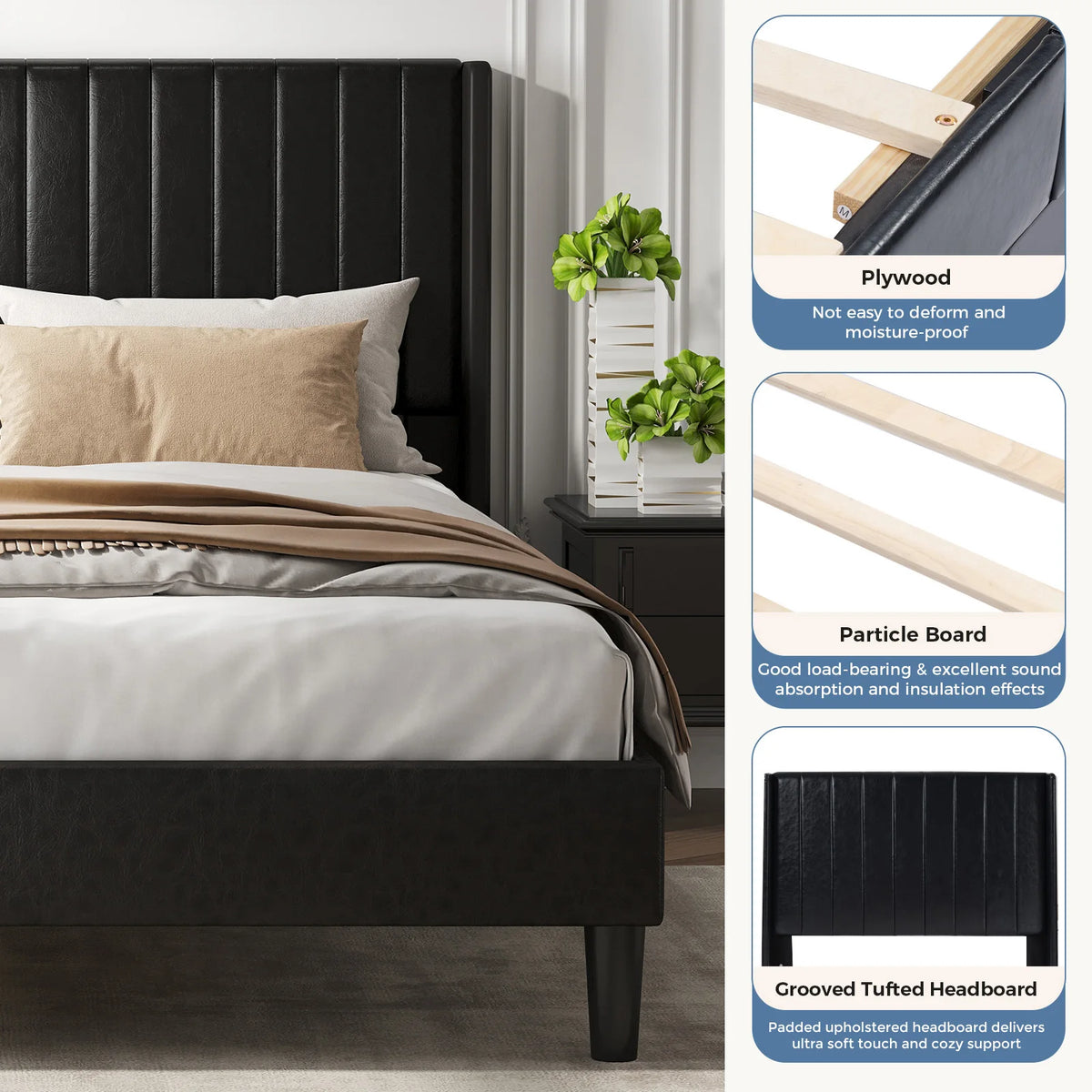 Basic Upholstered Platform Bed Frame with Modern Wingback Headboard Wooden Slats 800lbs Capacity No Box Spring Needed Easy Assembly For Bedroom