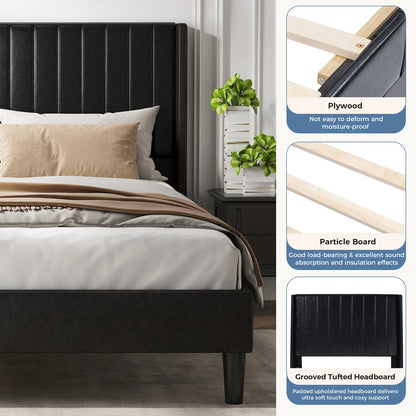 Basic Upholstered Platform Bed Frame with Modern Wingback Headboard Wooden Slats 800lbs Capacity No Box Spring Needed Easy Assembly For Bedroom