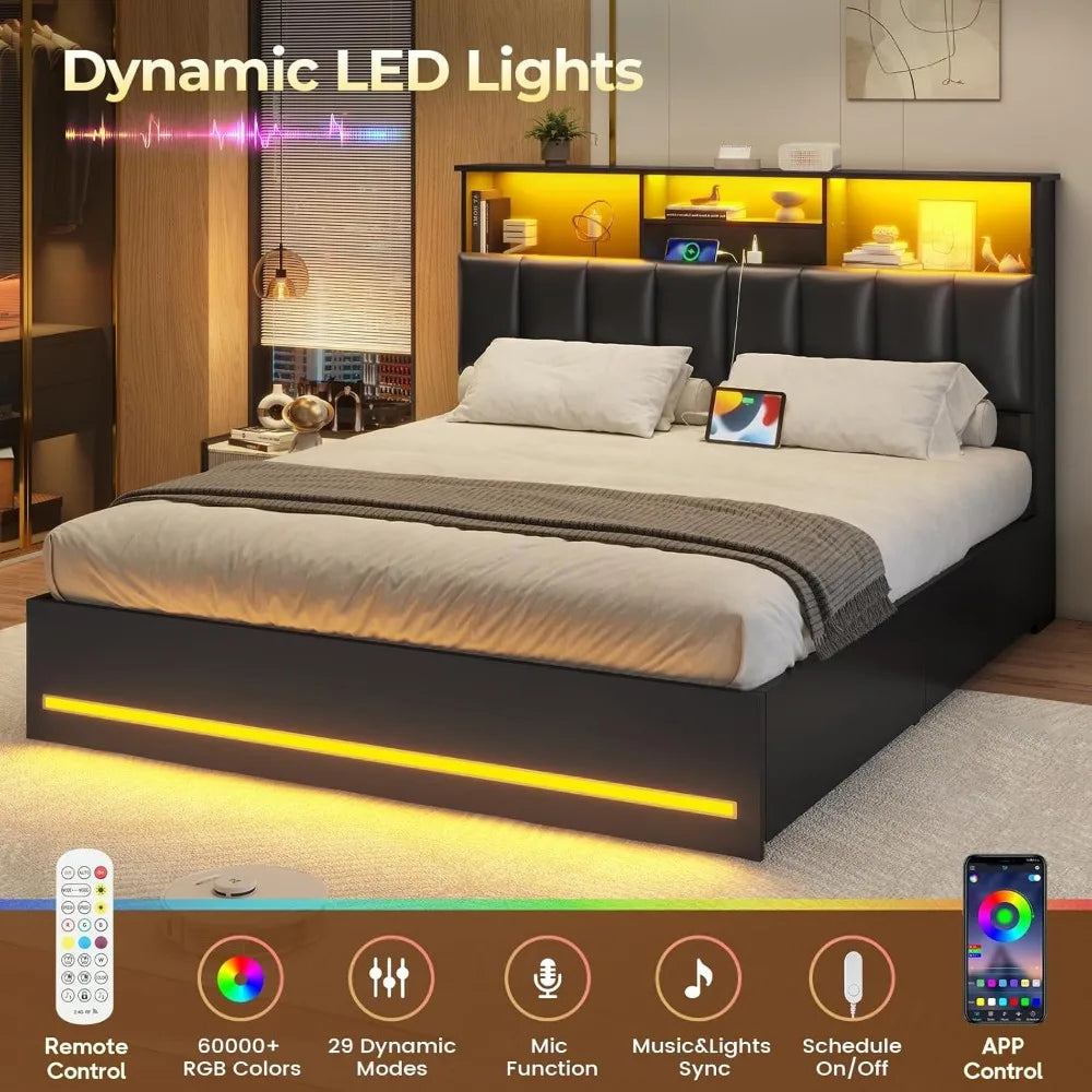 Bed Frame with Bookcase Headboard, Wooden Bed Frame with Charging Station, Storage Drawers and LED Lights, Customized