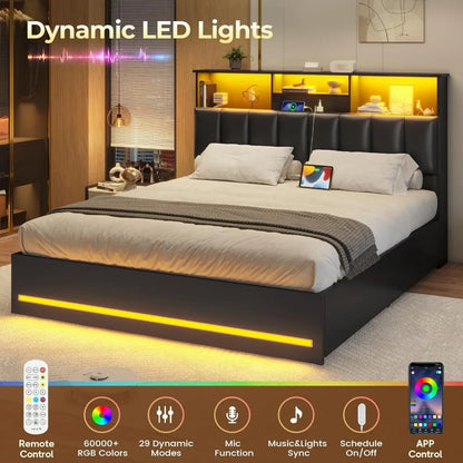 Bed Frame with Bookcase Headboard, Wooden Bed Frame with Charging Station, Storage Drawers and LED Lights, Customized