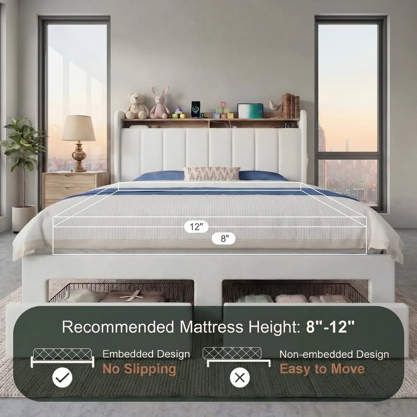 Beautiful Bed Frame, 2 Storage Drawers/2-Tier Shelves with LED Lights & Charging Station, No Box Spring Need, Full/Queen/King