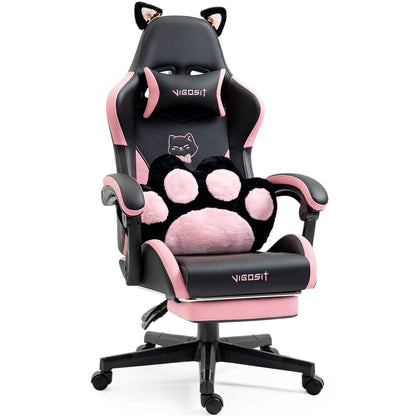 Ergonomic Computer Game Chair for Girls with Lumbar Support.  Gaming Chair with Cute Ears and Kawaii Pillow