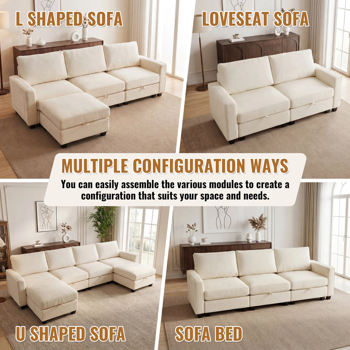 Modular Sectional Sofa Set with 2 Ottomans, U Shaped Convertible Couch with Storage, 4 Seat Convertible Sectional Couches for Large Living Room, Cloud-Like Comfort