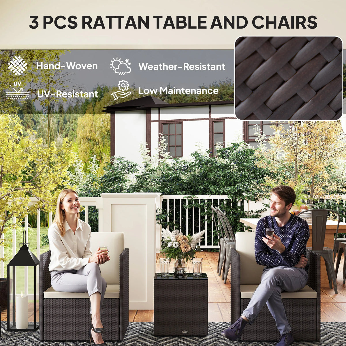 3 Piece Folding Wicker Bistro Furniture Sets, Brown