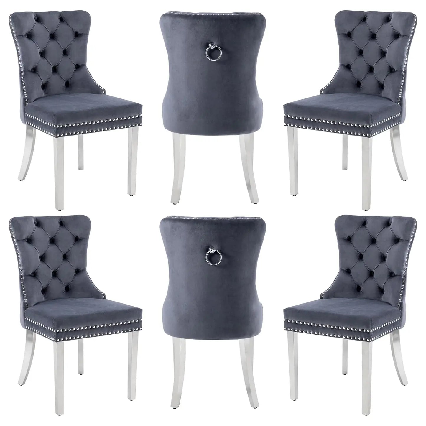 Leather Dining Chairs with Solid Wood Legs and Pull Ring, Luxury, Customized Set of 6