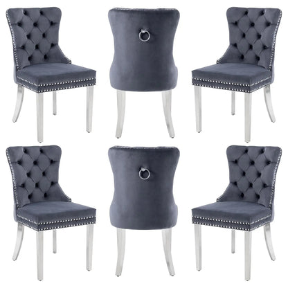 Leather Dining Chairs with Solid Wood Legs and Pull Ring, Luxury, Customized Set of 6
