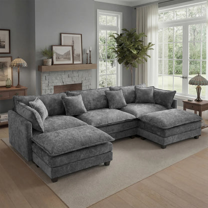113.4" Modular Sectional Sofa with Ottoman, Comfy Cloud Couch with Deep Seat (23.6" D), Solid Wood Frame, for Living Room