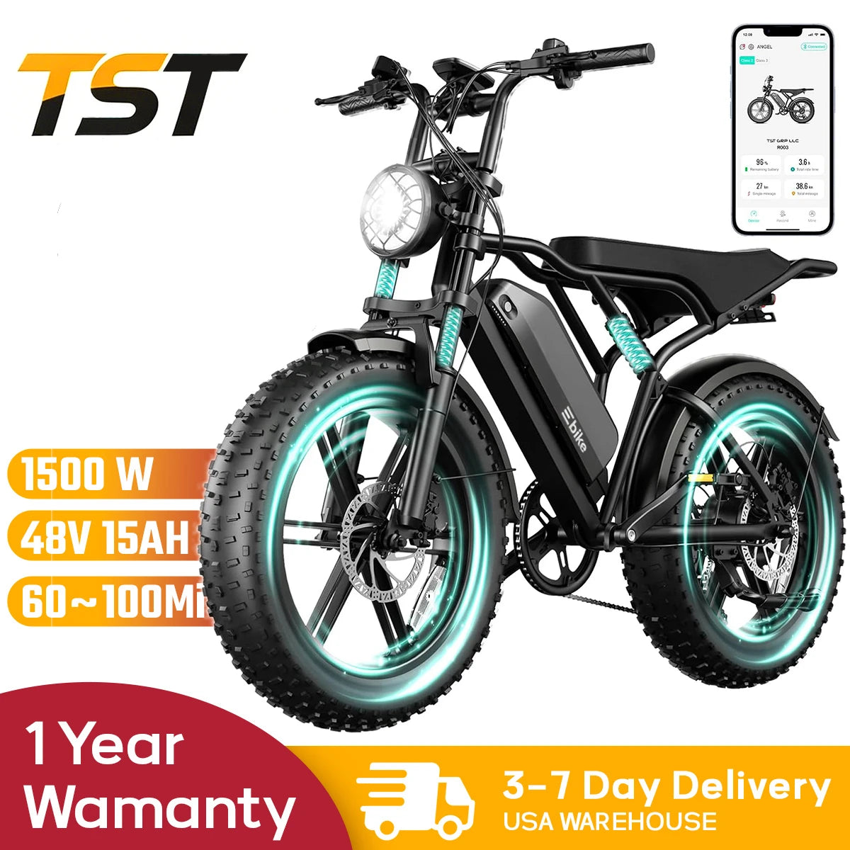 1500W e-bike, 20" fat tires, 60-100mile range, 28MPH, 48V 15Ah battery, for all terrains.