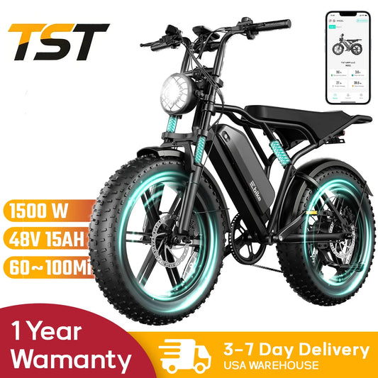 1500W e-bike, 20" fat tires, 60-100mile range, 28MPH, 48V 15Ah battery, for all terrains.
