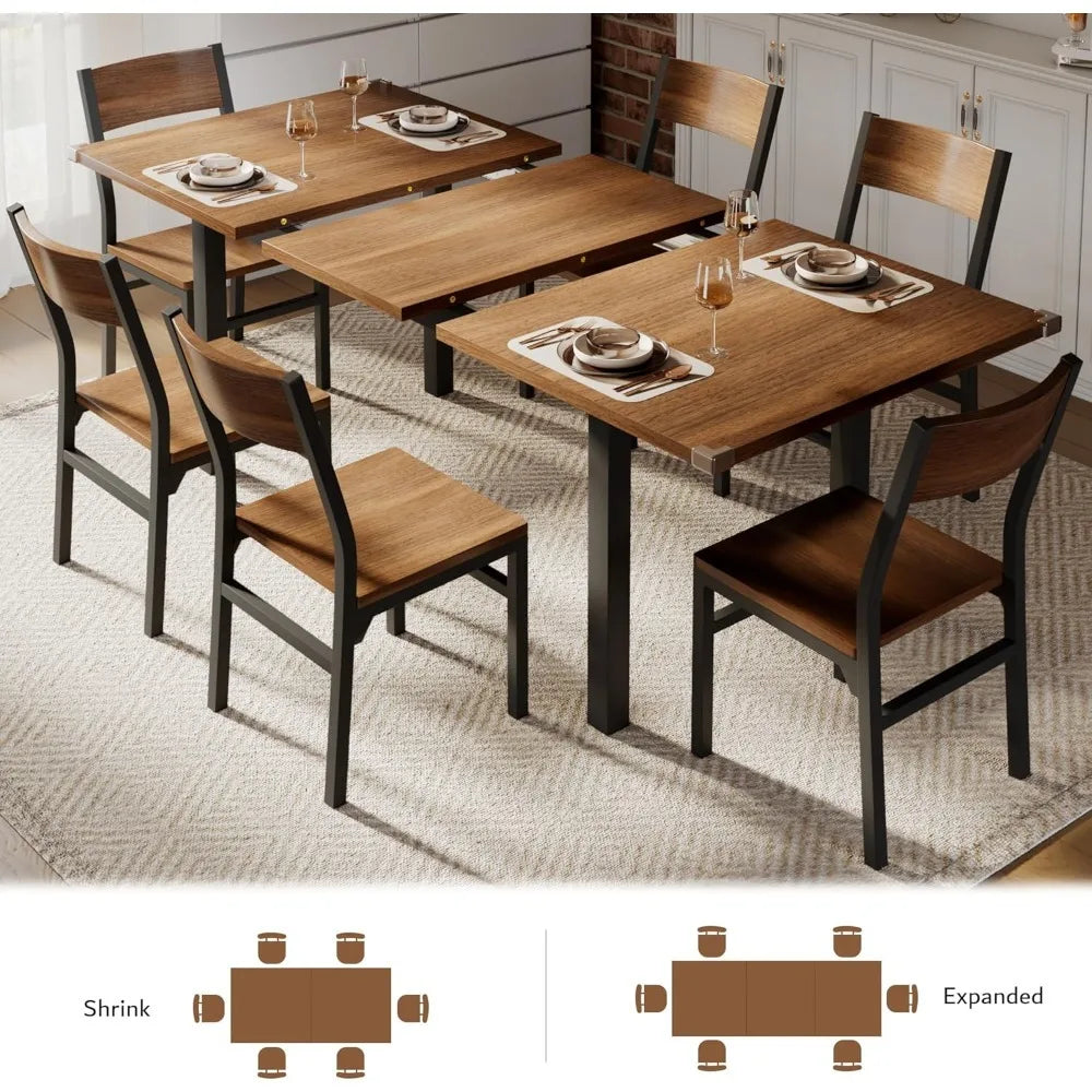 7-Piece Extendable Dining Table Set with 6 Chairs,, Solid Metal Frame & MDF Board,
