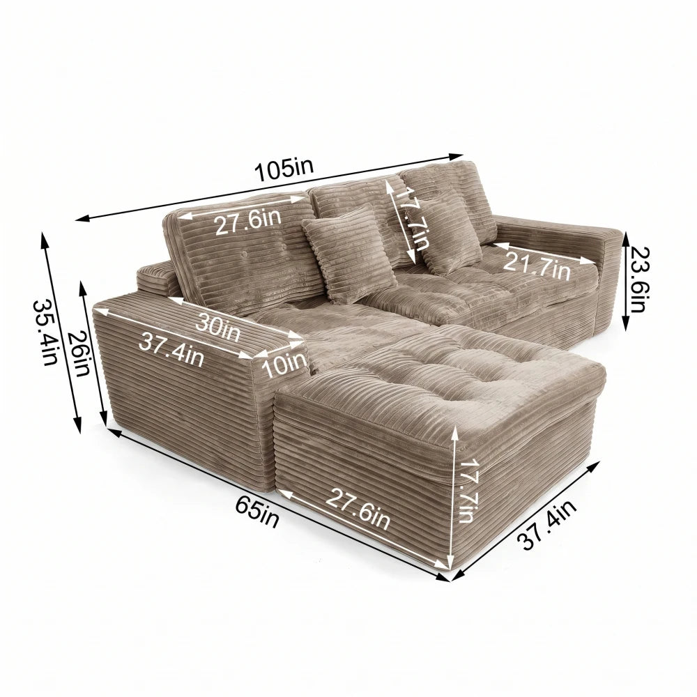 105 Inch Modular Cloud Sofa Set, DIY Convertible Sectional Couch with Movable Ottoman, Pure High Density Foam Cushion, Plush Faux Rabbit Fur Velvet Upholstered Deep Seat Sofa for Modern Living Room Apartment Small Space Famil