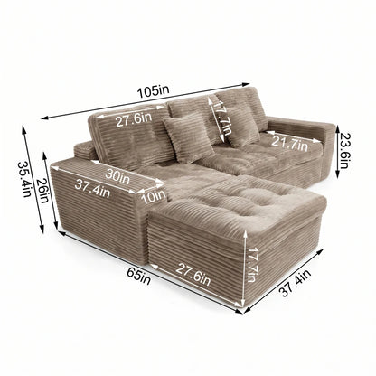 105 Inch Modular Cloud Sofa Set, DIY Convertible Sectional Couch with Movable Ottoman, Pure High Density Foam Cushion, Plush Faux Rabbit Fur Velvet Upholstered Deep Seat Sofa for Modern Living Room Apartment Small Space Famil