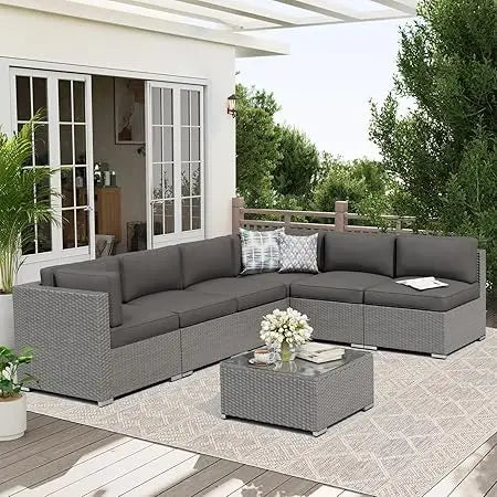 Black Rattan Wicker Sectional  Outdoor Patio Furniture Sofa Set  with Glass Top Table and Cushions (Red)