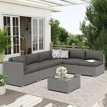 Black Rattan Wicker Sectional  Outdoor Patio Furniture Sofa Set  with Glass Top Table and Cushions (Red)