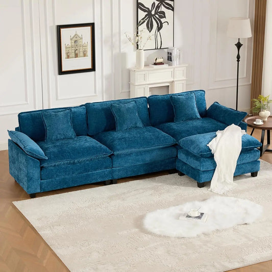 117.9" Modern Sectional Couches for Living Room, Blue Chenille Comfy Cloud Couch