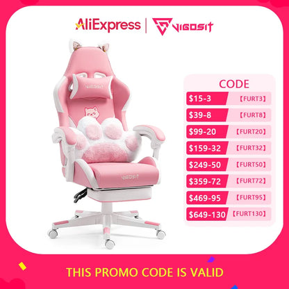 Ergonomic Computer Game Chair for Girls with Lumbar Support.  Gaming Chair with Cute Ears and Kawaii Pillow