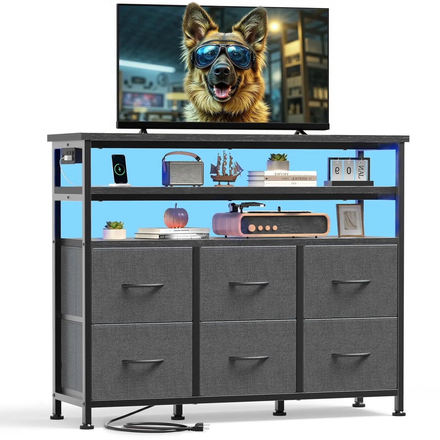 TV Stand Dresser For Living Room With 6 Fabric Drawers