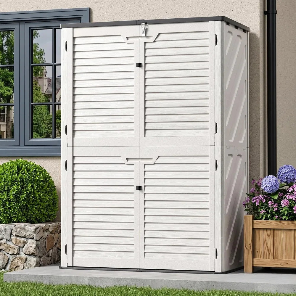 65 Cu.Ft Resin Outdoor Storage Shed with Floor, Weatherproof Plastic Vertical Cabinet for Garden