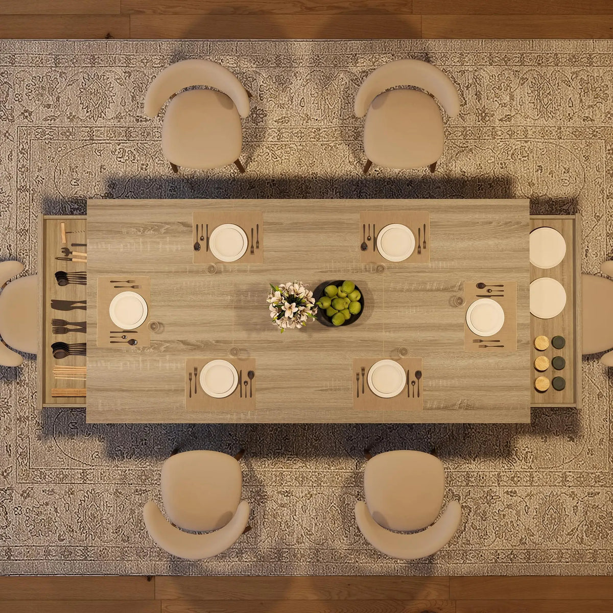 71 Inch Dining Table For 6-8, Large Rectangular Kitchen Table With 2 Storage Drawers, Double Pedestal Wood Table For Dining Room