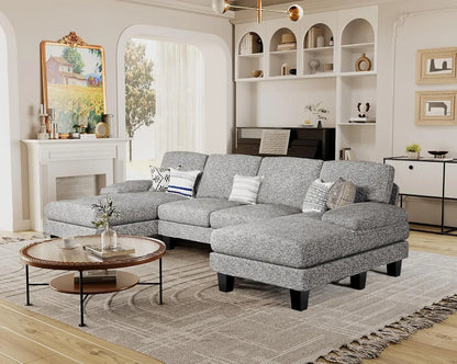 U-Shaped Sofa Couch with Linen Fabric, 4 Seat Sofa Set with Double Chaise