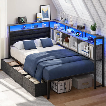 Corner Bed Frame with 3 Storage Drawers, LED Lights & Charging stations