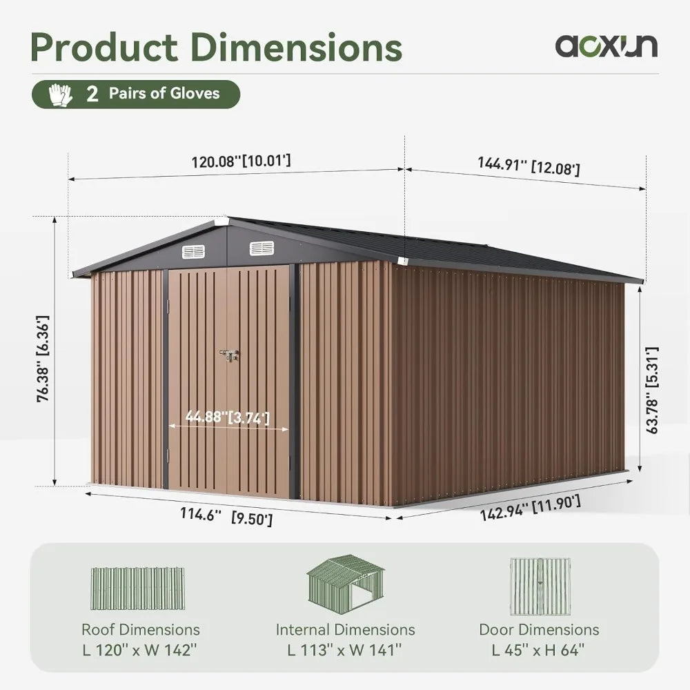 10x12 FT Outdoor Storage Shed with Double Hinged Large Door Garden Utility Shed Lockable Sloped Roof Metal Backyard Patio
