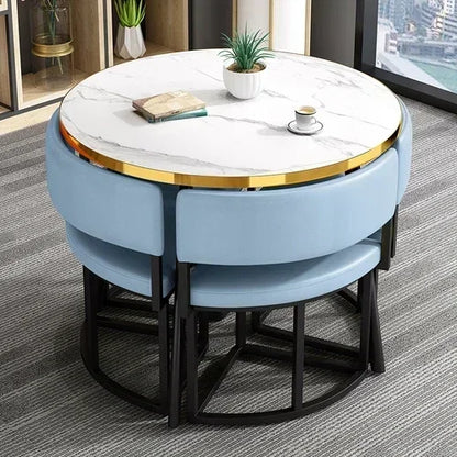 Round Luxury White Mobile Dining Table  Set with 4 Chairs