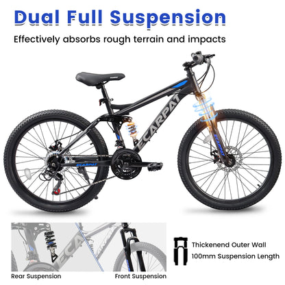 Dual Full Suspension Mountain Bike 24/26/27.5 Inch, Mens Women  21-Speed Disc Bicycles