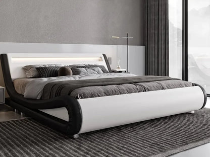 Queen Size LED Platform Bed Frame with Adjustable Headboard/No Box Spring Need/Easy Assembly/Faux Leather in Black