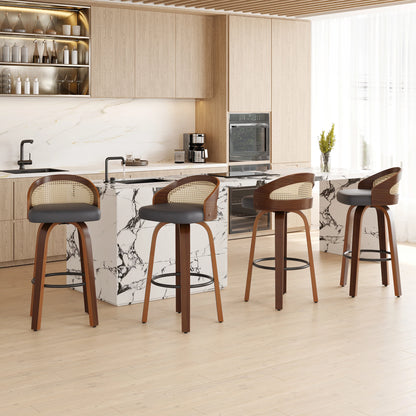 Set of 2 Swivel Bar Stools, Modern Wood Frame with Rattan Back, PU Leather Seat for Kitchen Counter, Bar Table