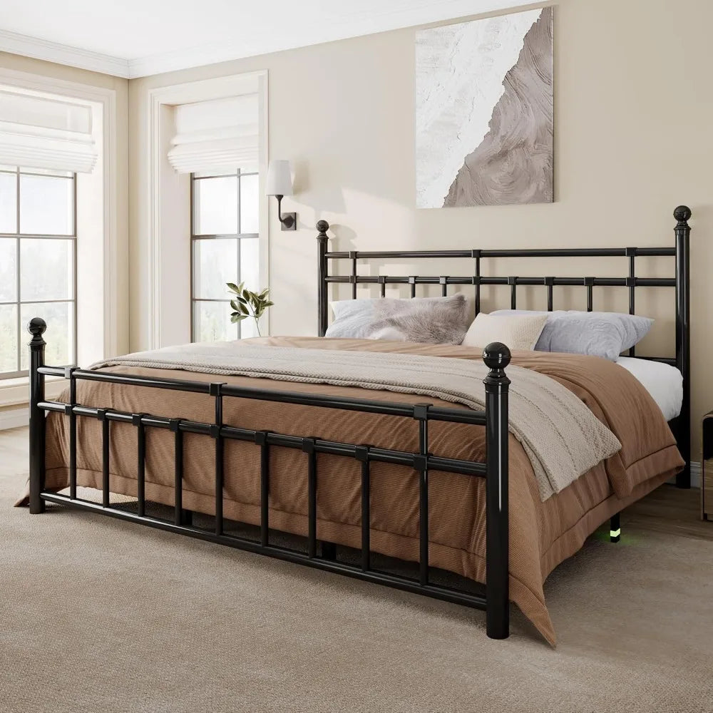 Metal Bed Frame King Size, Wrought Iron Headboard Footboard, 12" Underbed Space, No Box Spring