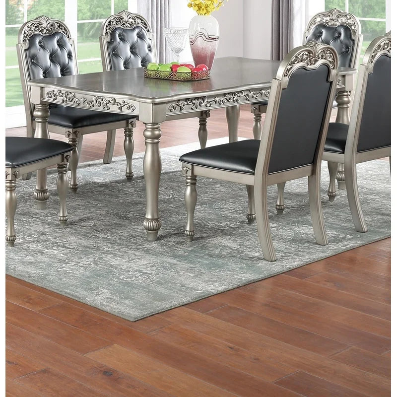 Formal Silver Grey 7-Piece Dining Set with 6 Side Chairs,  Intricate Carved Design, Tufted Back and Cushioned Seats