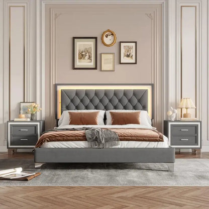 Queen Size Upholstered Platform Bed with LED Lights and 2 Nightstands in Gray - 3-Piece Bedroom Set