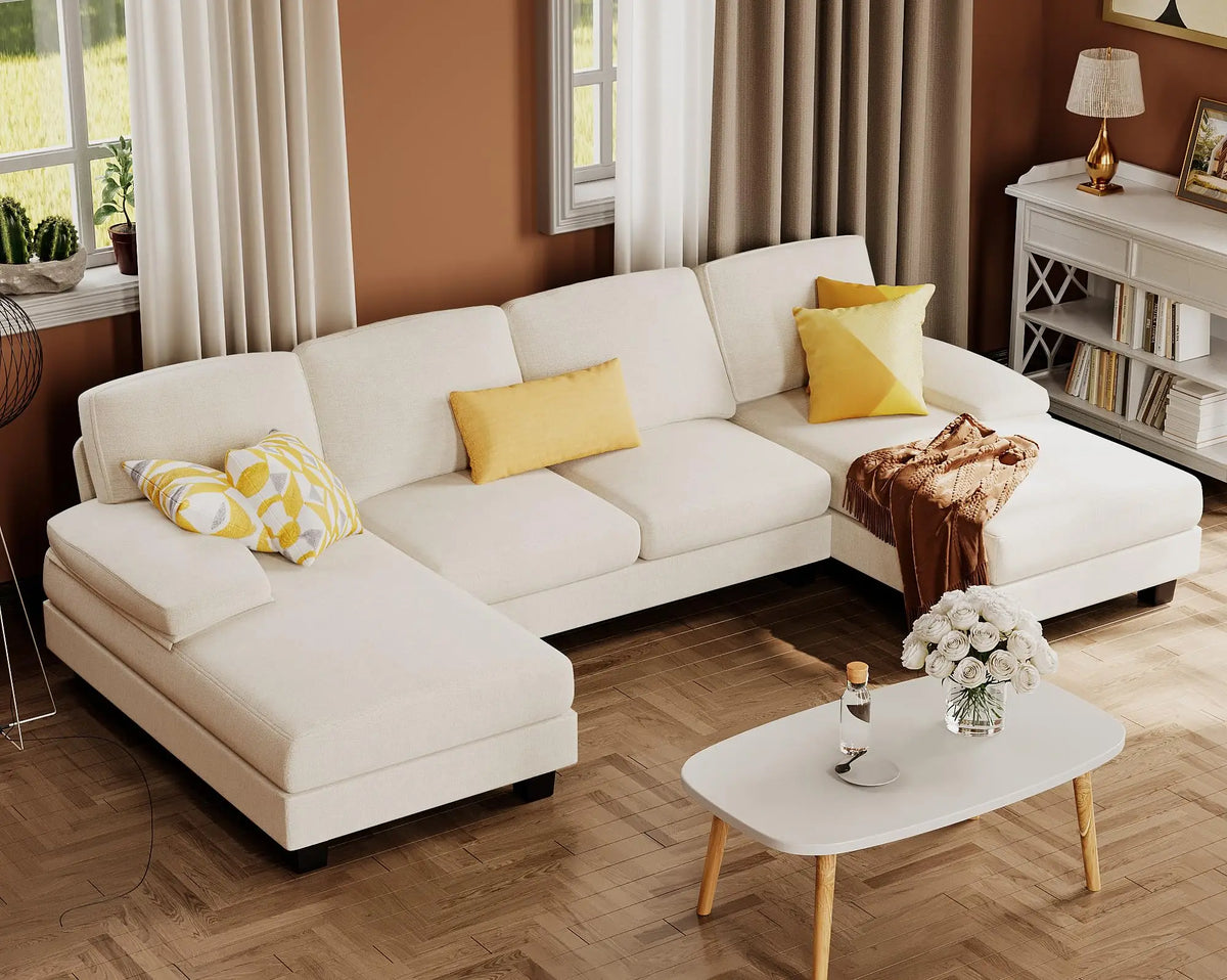 U-Shaped Sofa Couch with Linen Fabric, 4 Seat Sofa Set with Double Chaise