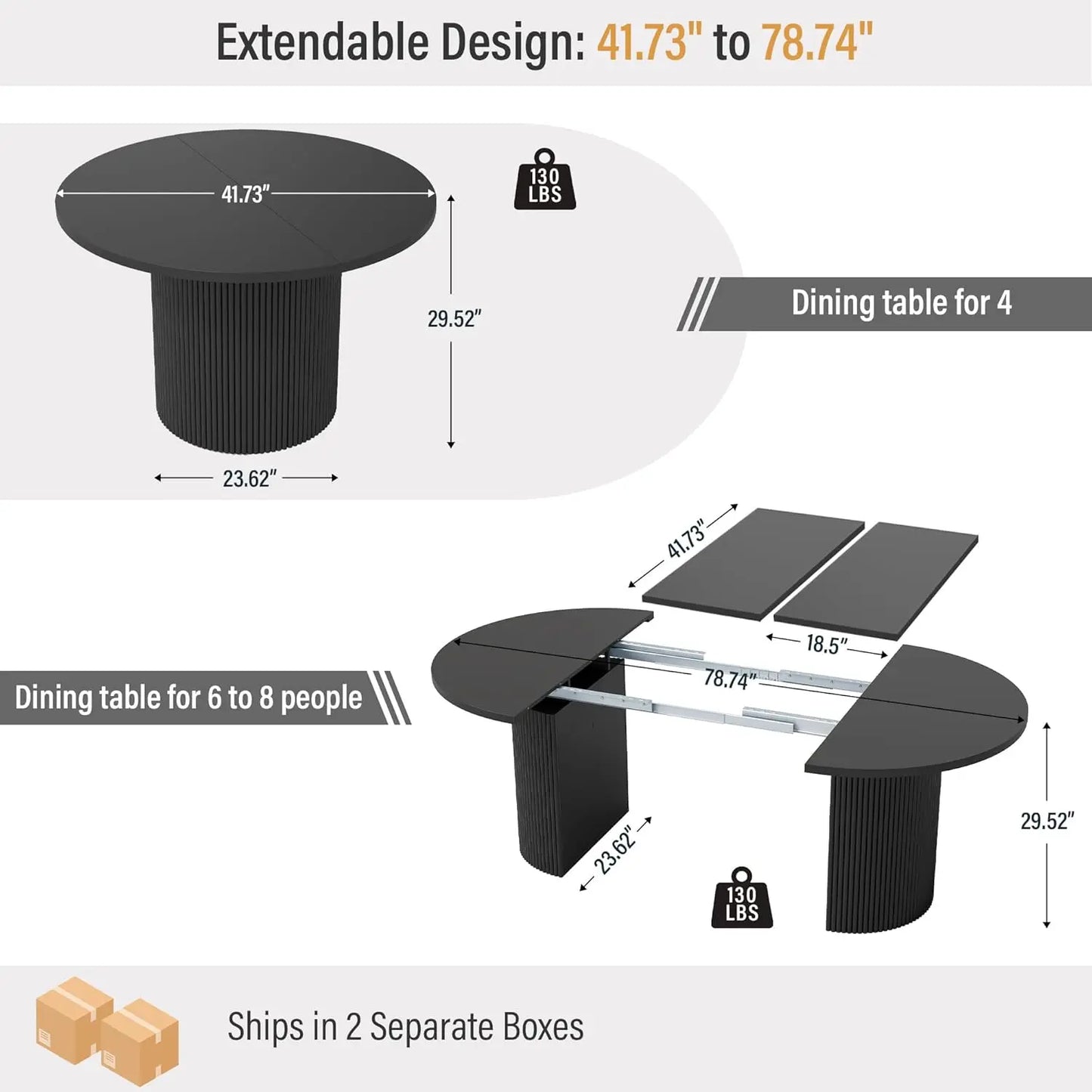 Round Fluted Base Modern Oval Expandable Kitchen Dining Table ,41-78in Seats 4-8