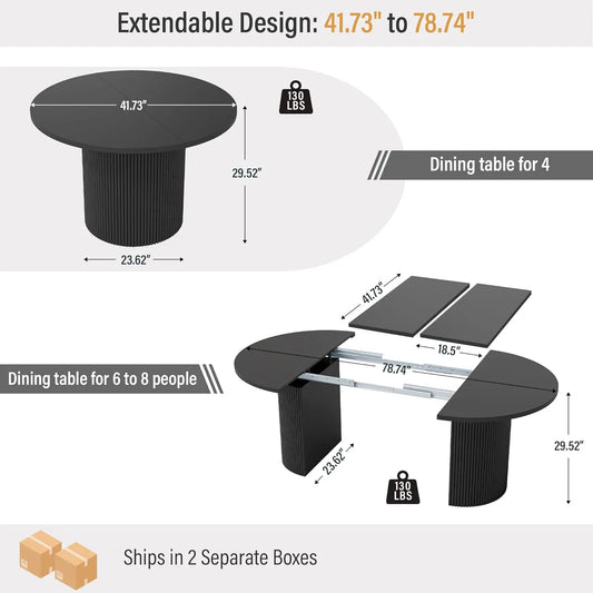 Round Fluted Base Modern Oval Expandable Kitchen Dining Table ,41-78in Seats 4-8