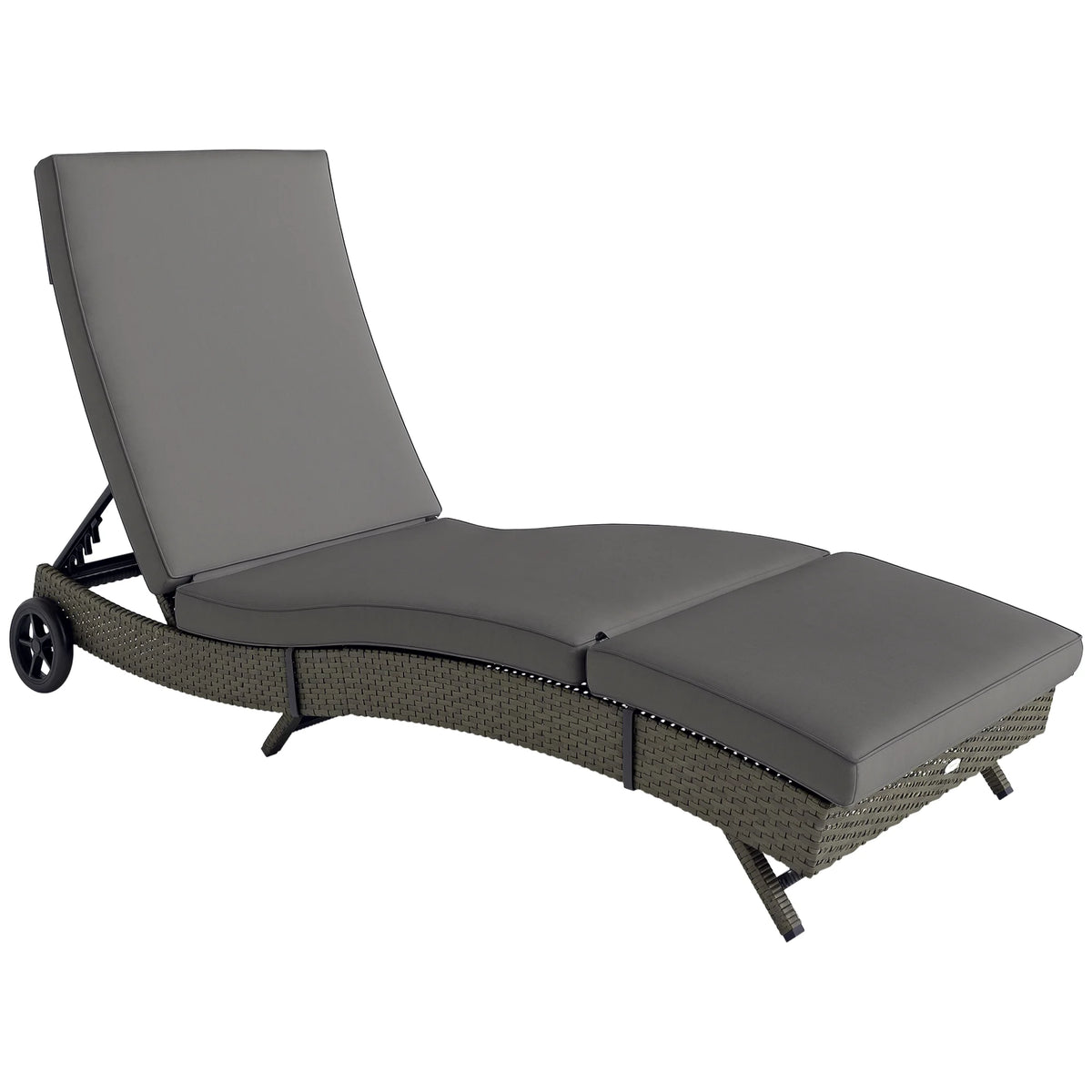 Outdoor Reclining Lounge Chair, PE Wicker, Rolling Wheels, Patio, Grey