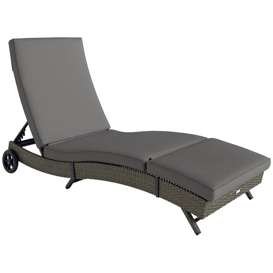 Outdoor Reclining Lounge Chair, PE Wicker, Rolling Wheels, Patio, Grey