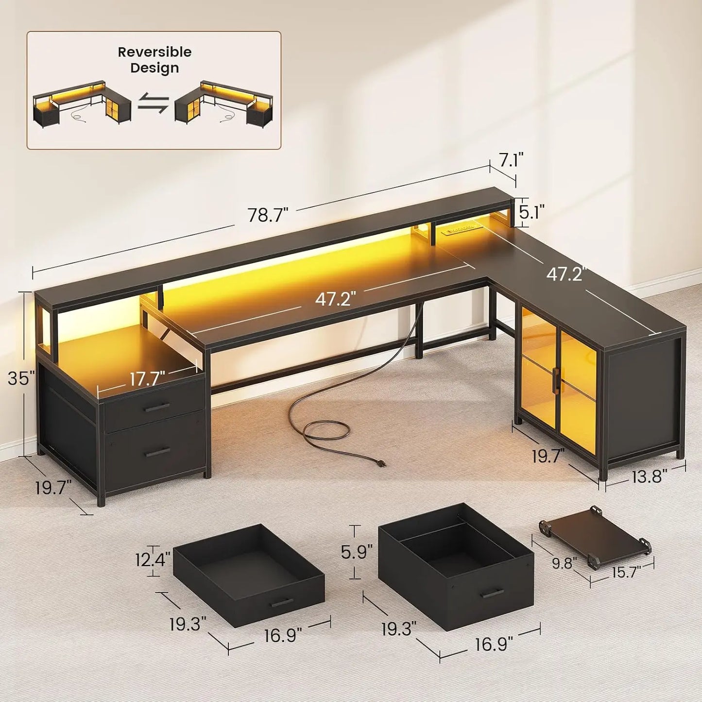 Large Computer Desk with Drawers and Power Outlet & LED Light,