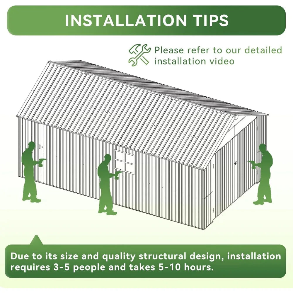Large 12x20x9.3 FT Metal Storage Shed  with Double Doors, Side Door & Windows, Heavy Duty All-Weather Outdoor Garden