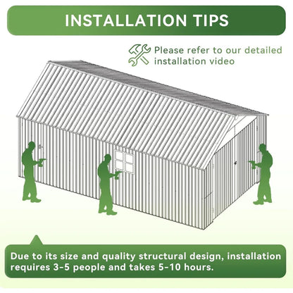 Large 12x20x9.3 FT Metal Storage Shed  with Double Doors, Side Door & Windows, Heavy Duty All-Weather Outdoor Garden
