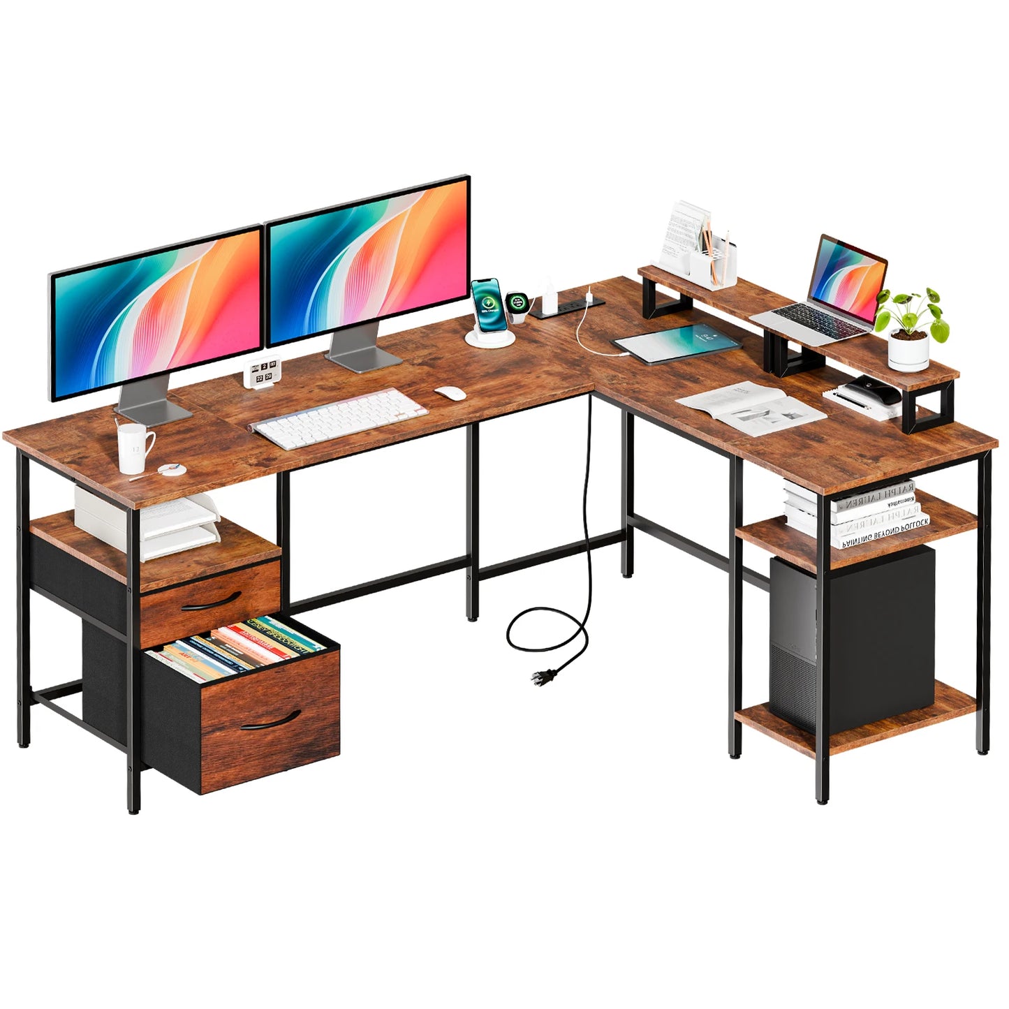62IN L Shaped Computer Desk with 2 Drawers Wood Table with Adjustable Storage Shelves Charging Station for Desk for Office