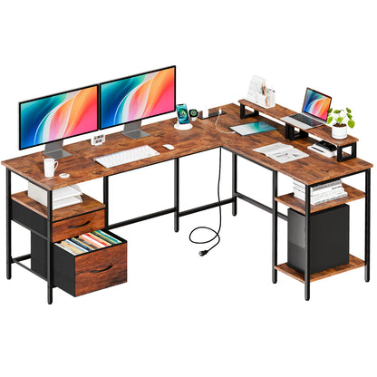 62IN L Shaped Computer Desk with 2 Drawers Wood Table with Adjustable Storage Shelves Charging Station for Desk for Office