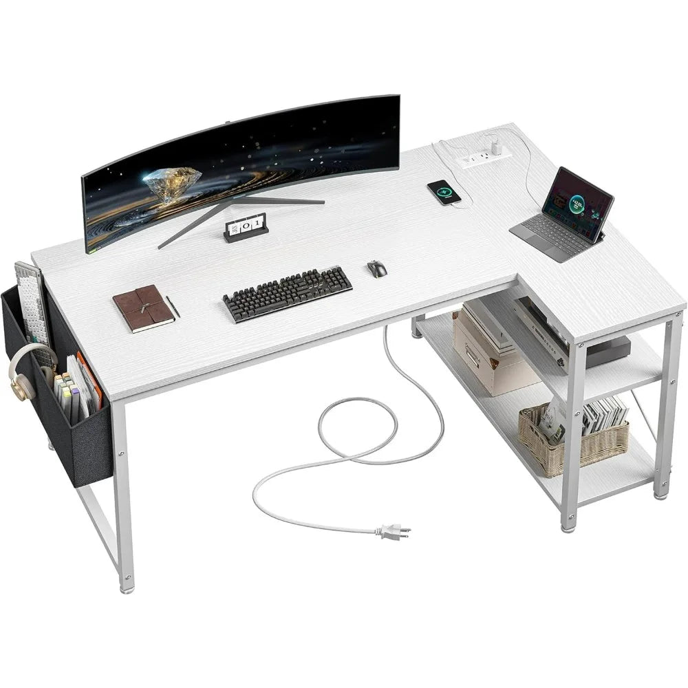 40" White L Shaped Corner Desk with Storage Shelves Side  Power Outlets